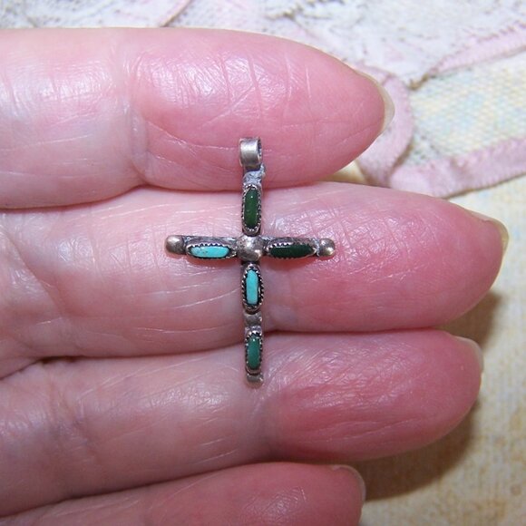 Vintage Native American Zuni Sterling Silver Turquoise Cross Pendant - Picture 3 of 5